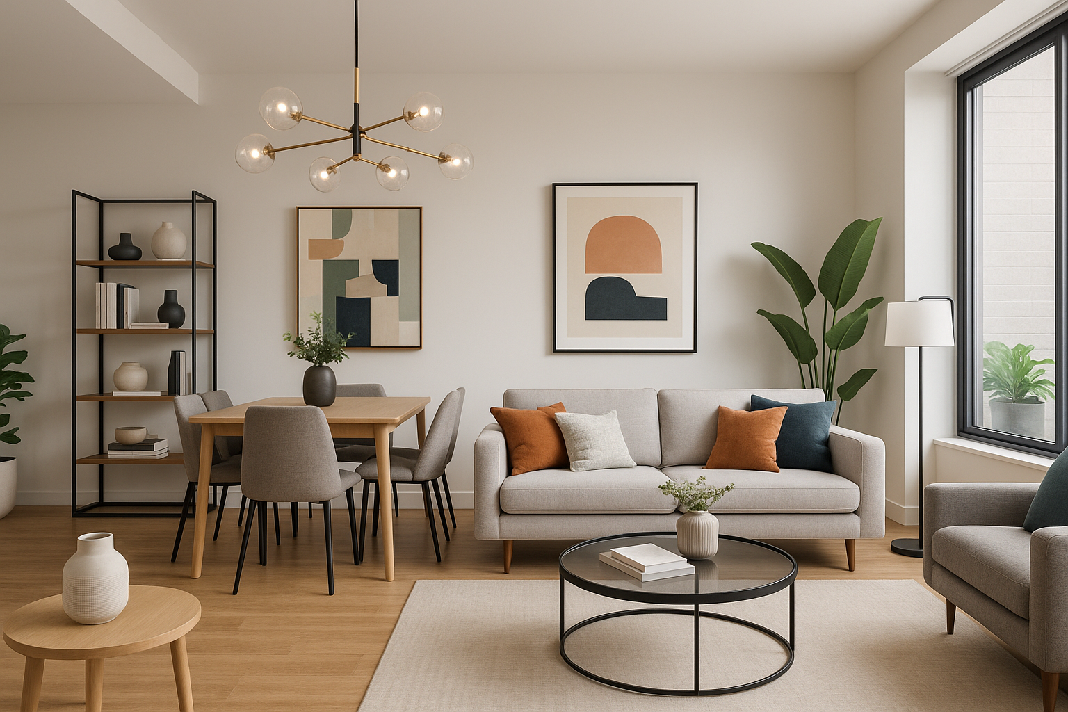 gere uma imagem do interior de um apartamento moderno com varias decoraçoes ,mostrando nele mesas , cadeiras , sofá , lustres e entre outros